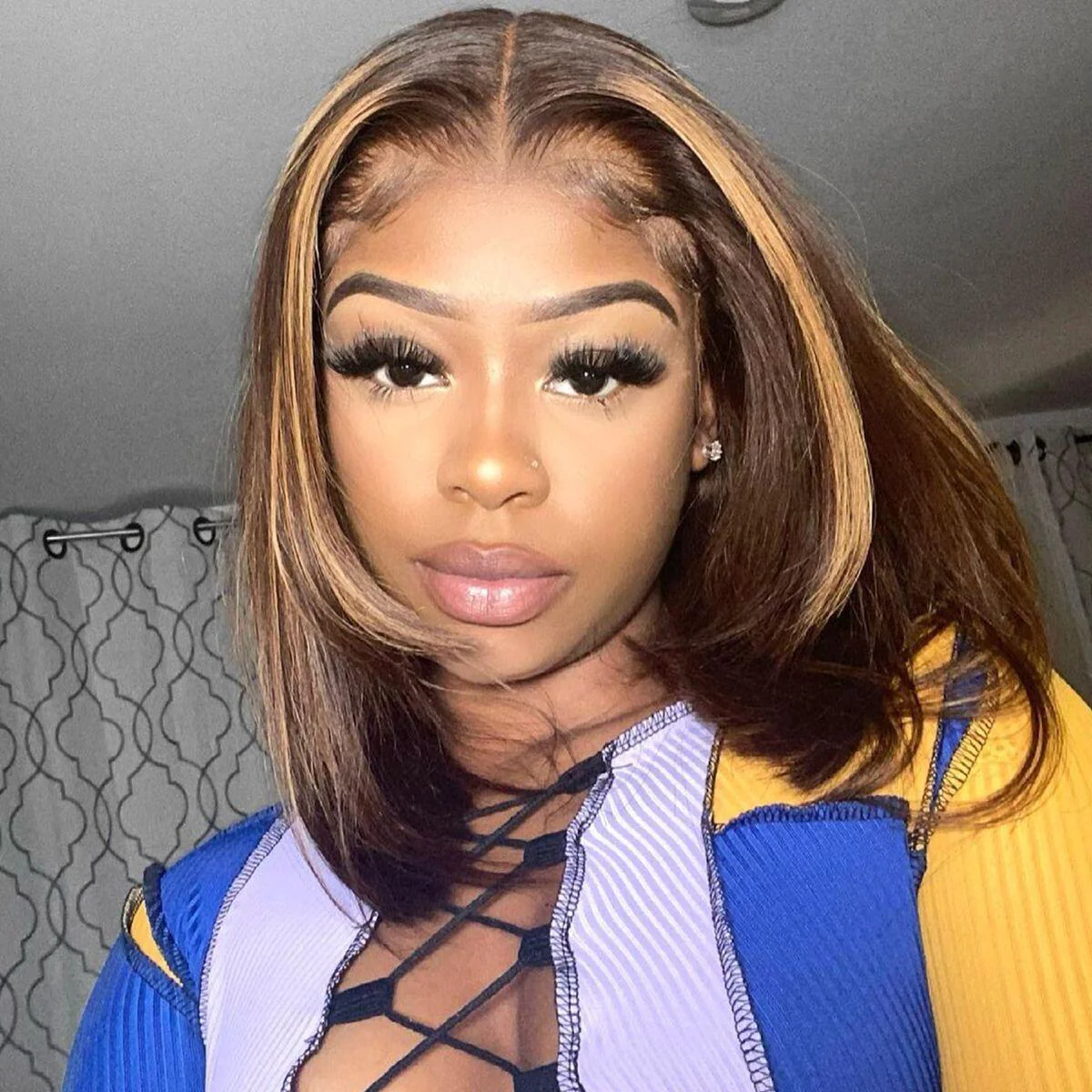 QVR Skunk Stripe Highlight Color Short Bob Wig 13x4 Lace Frontal Wig Chocolate Color Human Hair 12 inches H427 - Image 2