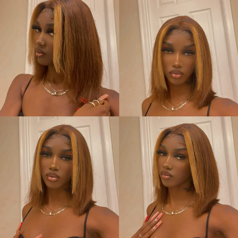 QVR Skunk Stripe Highlight Color Short Bob Wig 13x4 Lace Frontal Wig Chocolate Color Human Hair 12 inches H427 - Image 3
