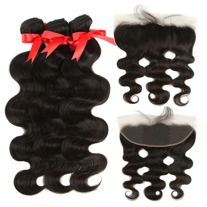 Virgin Human Hair Body Wave 3 Bundles with 13*4 Lace Frontal Closure - Image 2