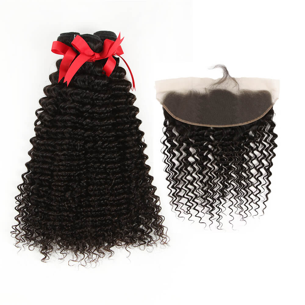 QVR Virgin Human Hair Curly 3 Bundles with 13*4 Lace Frontal Closure Malaysian