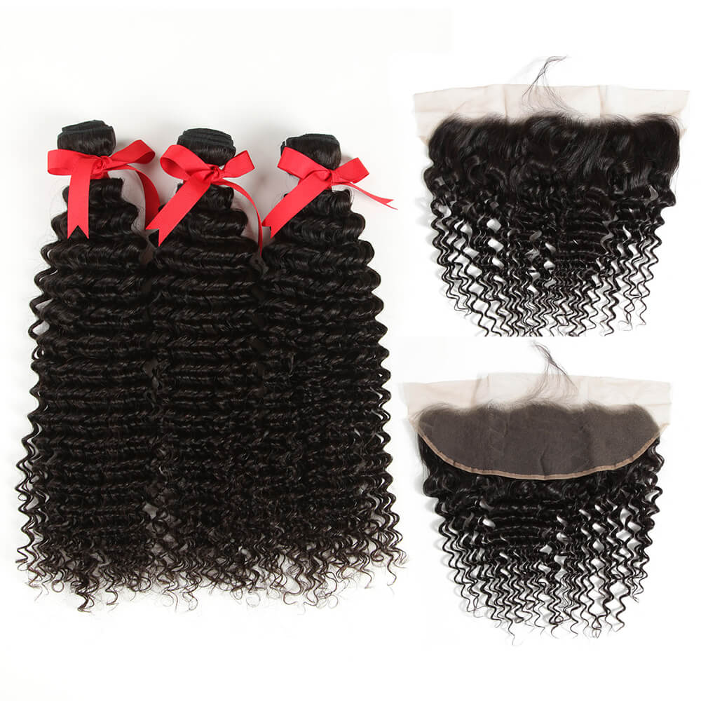 QVR Virgin Human Hair Curly 3 Bundles with 13*4 Lace Frontal Closure Malaysian - Image 5