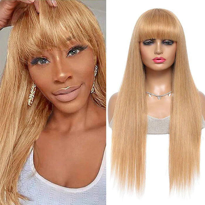 QVR #27 Honey Blonde Human Hair Wigs with Bangs 13x4 HD Lace Wig/Full Machine Made Wig With Bangs - Image 2