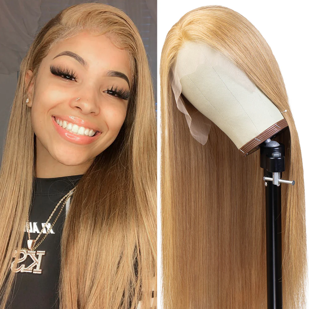 QVR #27 Honey Blonde Human Hair Wigs with Bangs 13x4 HD Lace Wig/Full Machine Made Wig With Bangs - Image 3