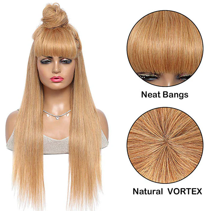 QVR #27 Honey Blonde Human Hair Wigs with Bangs 13x4 HD Lace Wig/Full Machine Made Wig With Bangs - Image 4