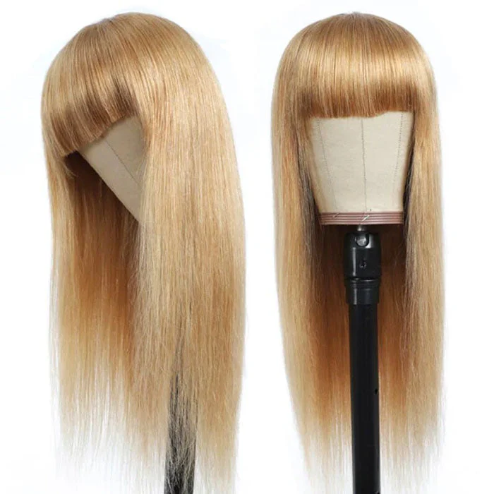 QVR #27 Honey Blonde Human Hair Wigs with Bangs 13x4 HD Lace Wig/Full Machine Made Wig With Bangs - Image 5