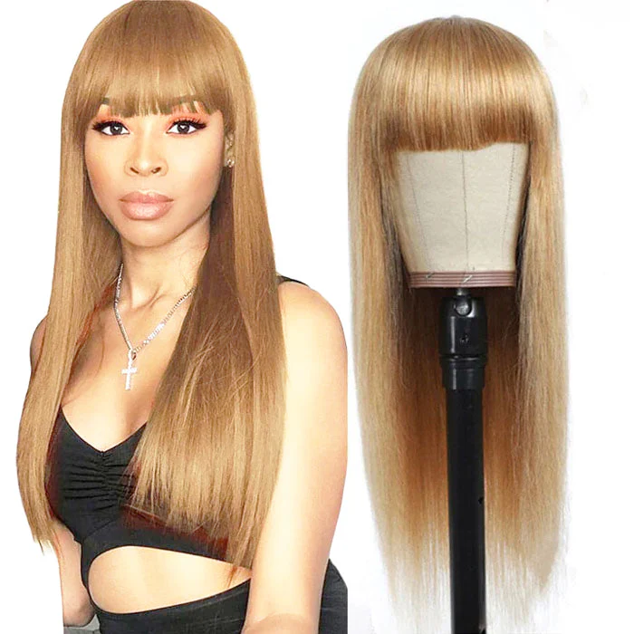 QVR #27 Honey Blonde Human Hair Wigs with Bangs 13x4 HD Lace Wig/Full Machine Made Wig With Bangs - Image 6