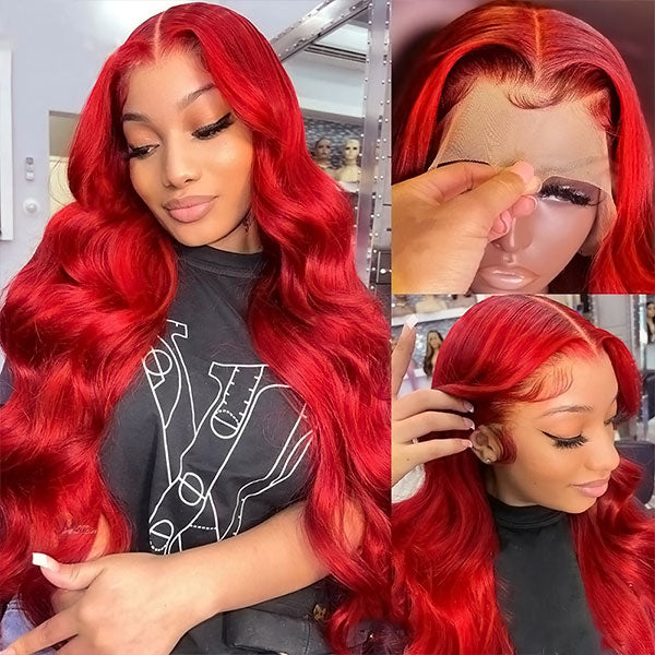 32 Inch Red Color Lace Front Wigs Body Wave Transparent 13x4 Lace Front Wig with Pre Plucked