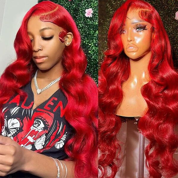 32 Inch Red Color Lace Front Wigs Body Wave Transparent 13x4 Lace Front Wig with Pre Plucked - Image 6