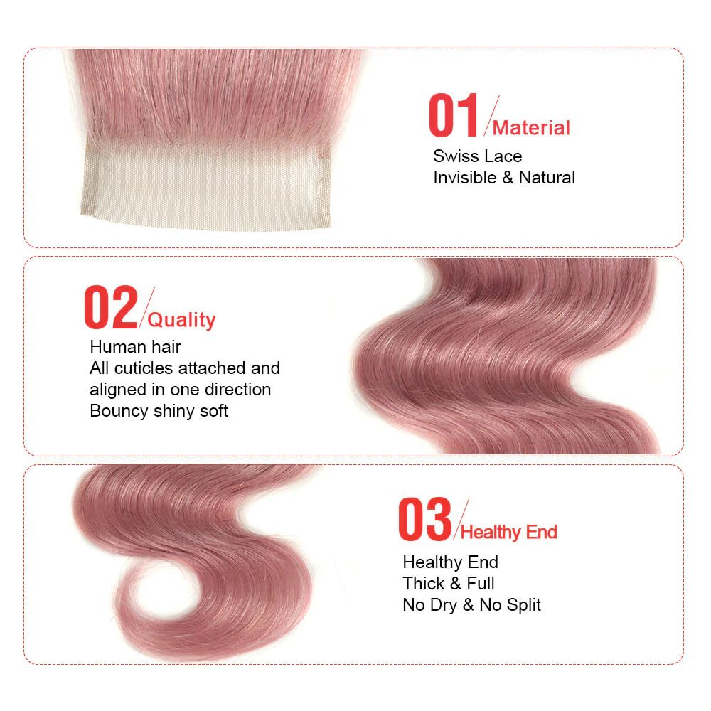 QVR Virgin Human Hair 4*4 Body Wave Closure Pink2 - Image 4