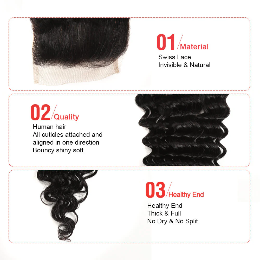 QVR Virgin Human Hair 4*4 Deep Wave Closure Natural Color - Image 3