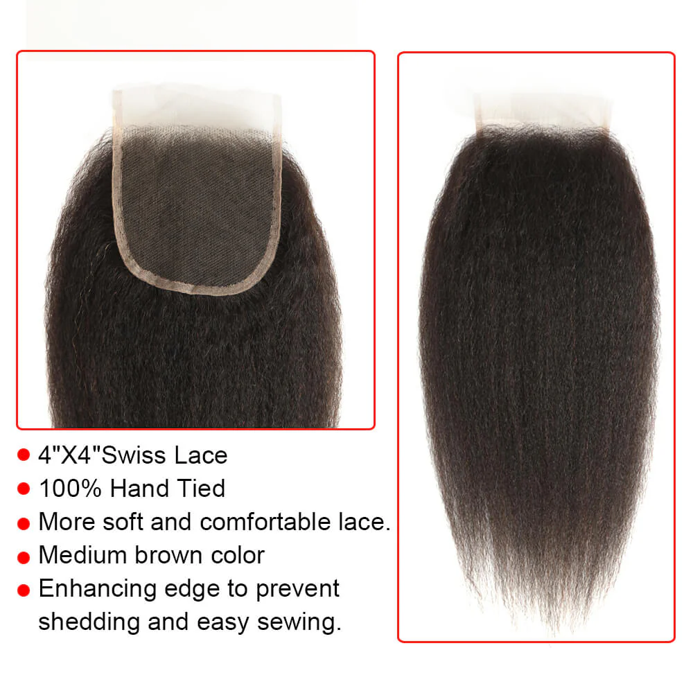 QVR Virgin Human Hair 4*4 Kinky Straight Closure Ntural Color - Image 3
