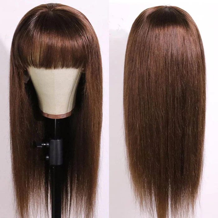 QVR #4 Chocolate Brown Straight Wig With Bangs Glueless Full Machine Made Human Hair Wig With Bangs - Image 4