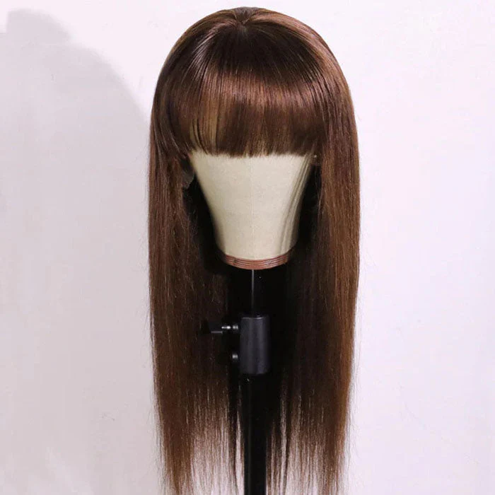 QVR #4 Chocolate Brown Straight Wig With Bangs Glueless Full Machine Made Human Hair Wig With Bangs - Image 5