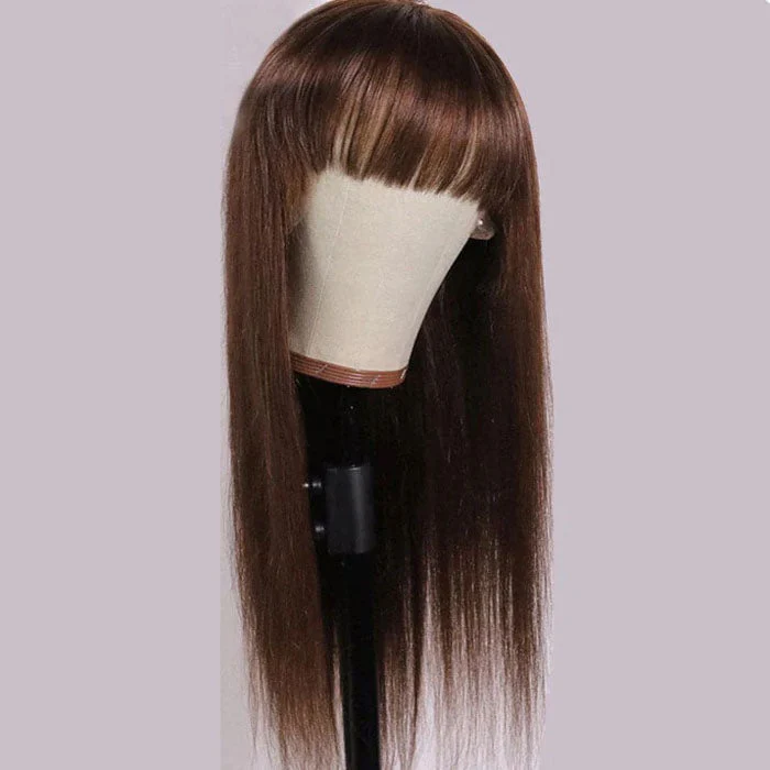 QVR #4 Chocolate Brown Straight Wig With Bangs Glueless Full Machine Made Human Hair Wig With Bangs - Image 6