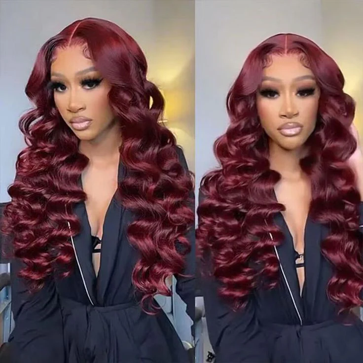 99j Burgundy Loose Deep Wave Wig Beautiful Crimp Wave 13x4 Lace Frontal | 4x4 Closure Human Hair Wigs - Image 2