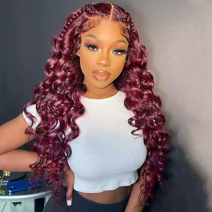 99j Burgundy Loose Deep Wave Wig Beautiful Crimp Wave 13x4 Lace Frontal | 4x4 Closure Human Hair Wigs - Image 3