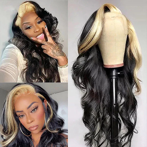Skunk Stripe Natural Black with 613 blonde Body wave 13x4 Transparent Lace Front Human Hair Wig - Image 2
