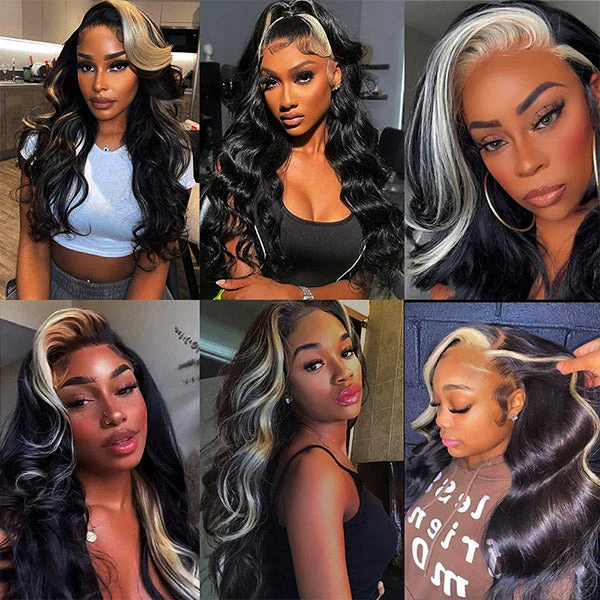 Skunk Stripe Natural Black with 613 blonde Body wave 13x4 Transparent Lace Front Human Hair Wig - Image 5