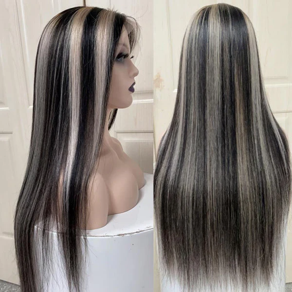 QVR Platinum Blonde Highlights Colored Wig 4x4/13x4 HD Transparent Lace Frontal Wig Mix Color Human Hair Wig - Image 2