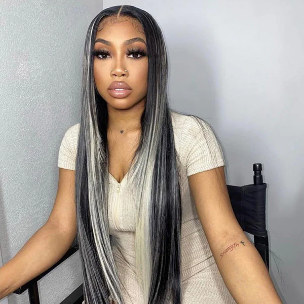 QVR Platinum Blonde Highlights Colored Wig 4x4/13x4 HD Transparent Lace Frontal Wig Mix Color Human Hair Wig - Image 5