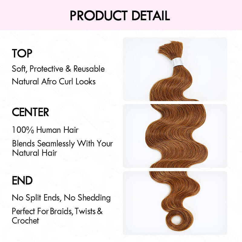 B3G1|QVR Auburn Brown Body Wave Bulk Human Hair Extensions for Boho Knotless Braiding - Image 8
