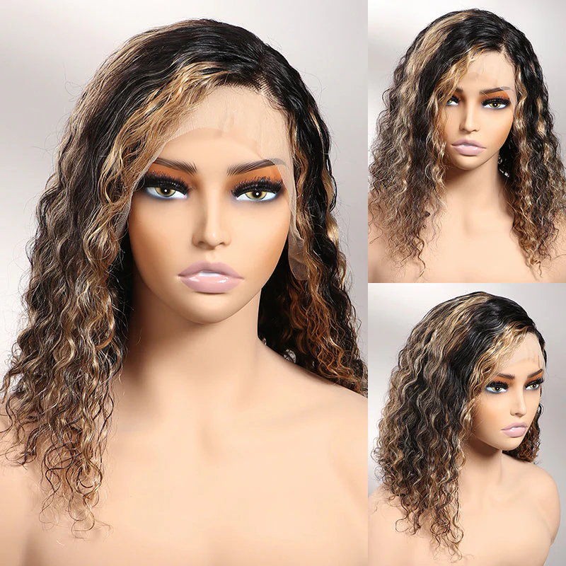 QVR Balayage Bob Style 4x4/13x4/13x6 Lace Frontal Water Wave Highlight Colored Human Hair Wig - Image 4