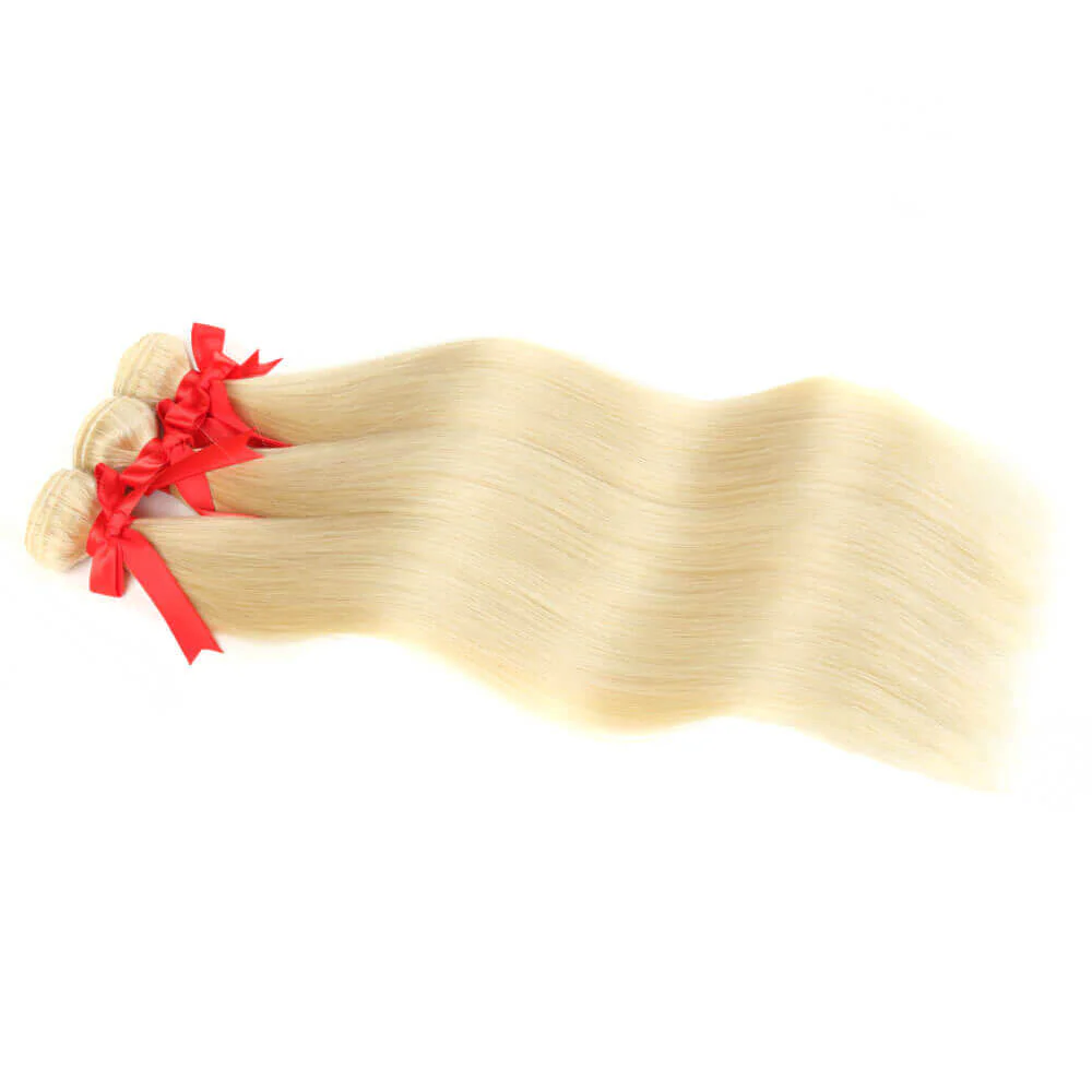 QVR Virgin Human Hair Blonde Straight 3 Bundles With 13*4 Lace Frontal - Image 2