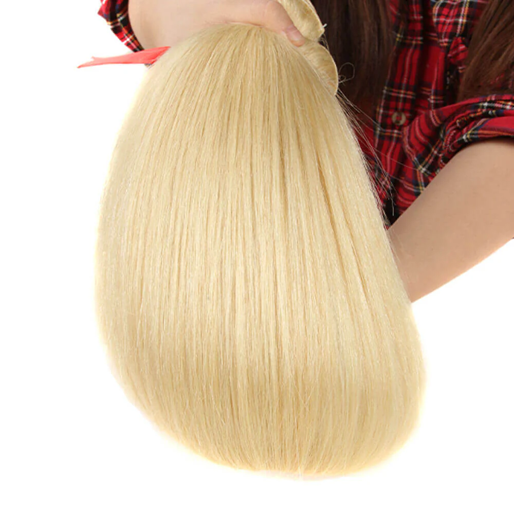 QVR Virgin Human Hair Blonde Straight 3 Bundles With 13*4 Lace Frontal - Image 3
