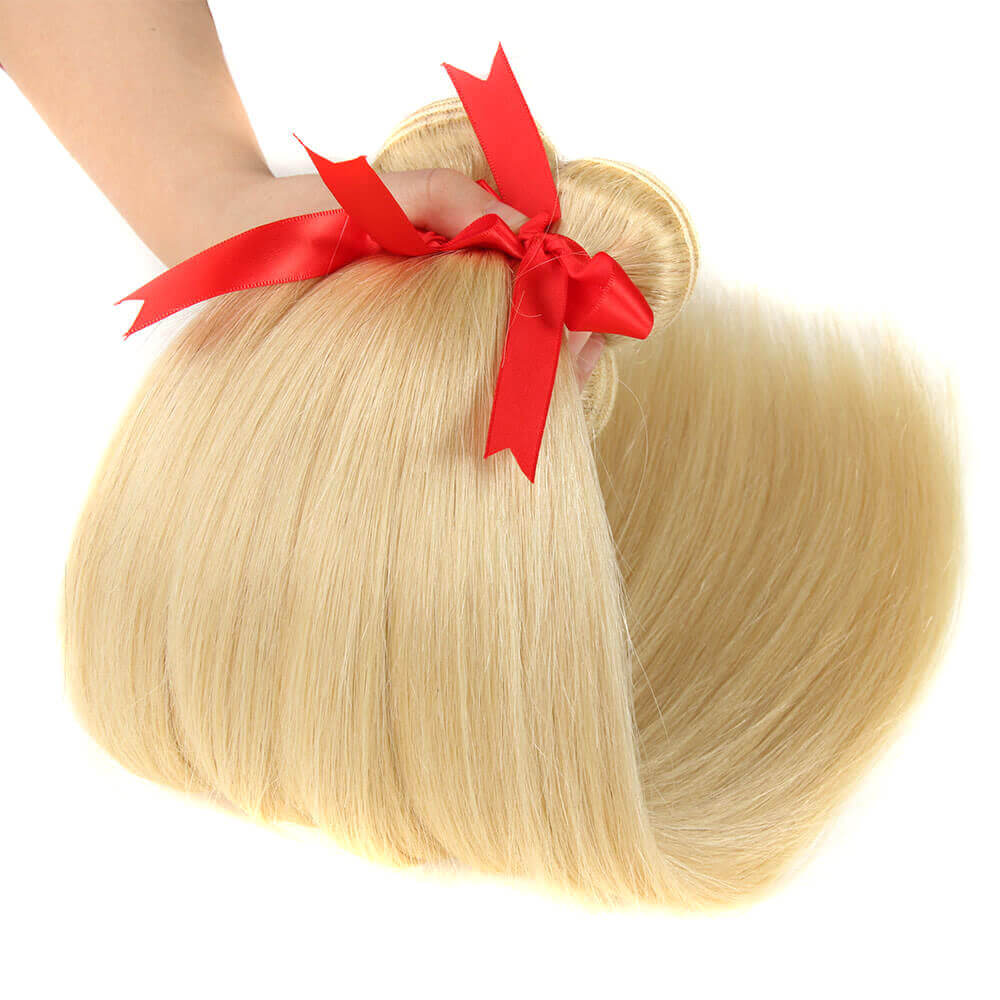 QVR Virgin Human Hair Blonde Straight 3 Bundles With 13*4 Lace Frontal - Image 4
