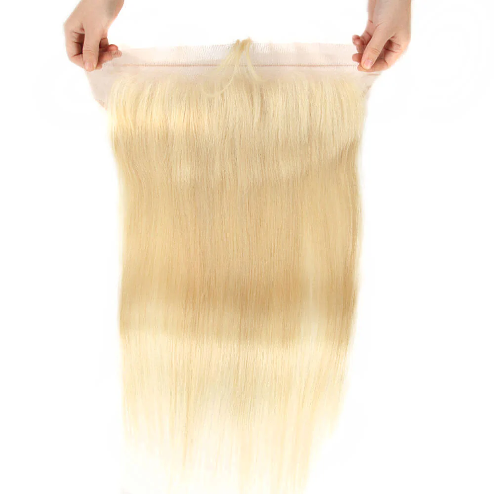 QVR Virgin Human Hair Blonde Straight 3 Bundles With 13*4 Lace Frontal - Image 5