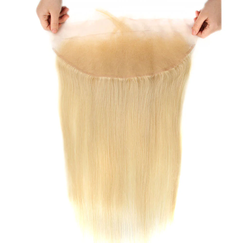 QVR Virgin Human Hair Blonde Straight 3 Bundles With 13*4 Lace Frontal - Image 6