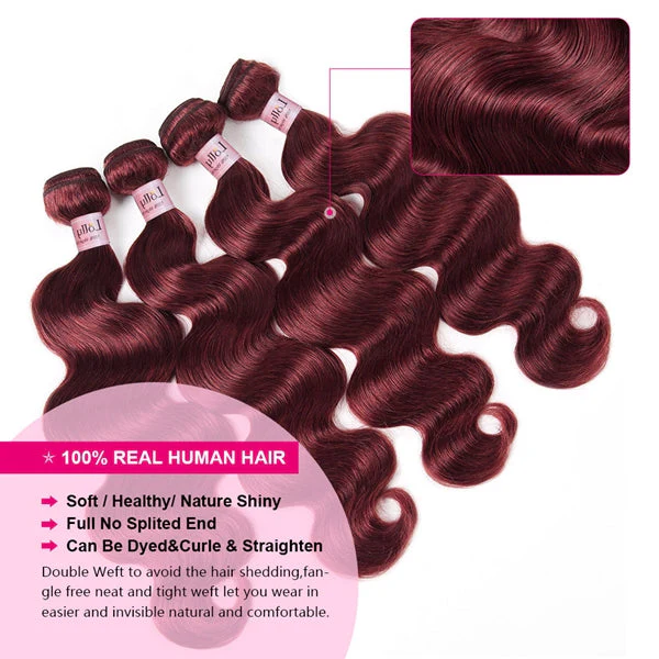 Burgundy Human Hair Bundles with Closure 99J Body Wave Hair 3 Bundles with Lace Closure - Image 2