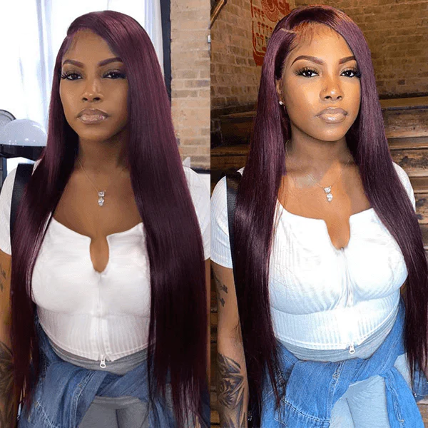 Dark Purple Straight 13x4 Lace Front Wigs Grape Purple Transparent Lace Front Wig - Image 5