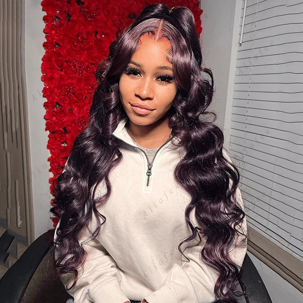 Grape Purple 13X4 Lace Frontal Wigs Dark Purple Body Wave Wig Transparent Human Hair Wig - Image 2
