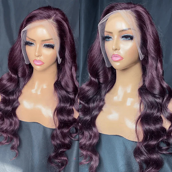 Grape Purple 13X4 Lace Frontal Wigs Dark Purple Body Wave Wig Transparent Human Hair Wig - Image 4