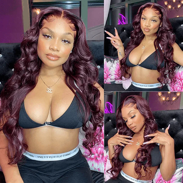Grape Purple 13X4 Lace Frontal Wigs Dark Purple Body Wave Wig Transparent Human Hair Wig - Image 5