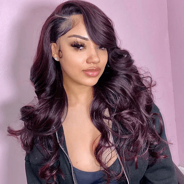 Grape Purple 13X4 Lace Frontal Wigs Dark Purple Body Wave Wig Transparent Human Hair Wig - Image 6