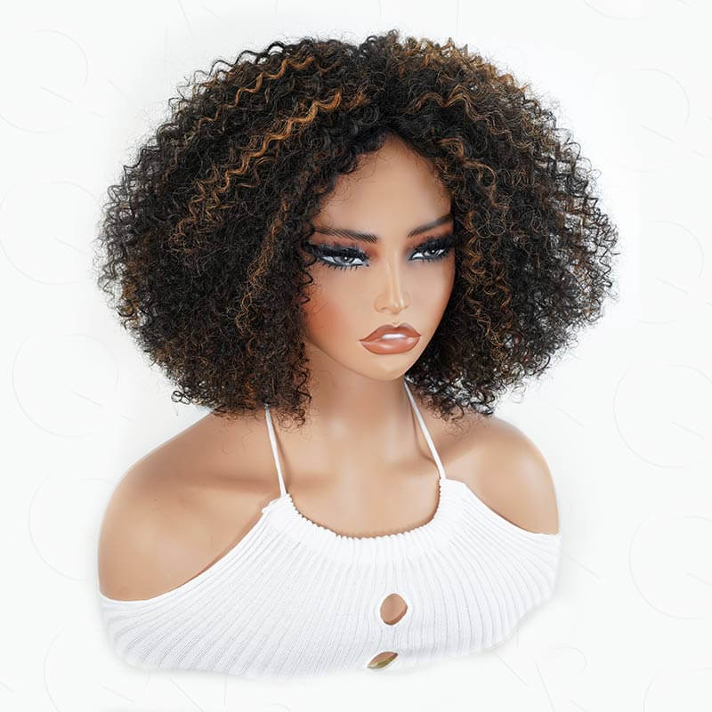 Flash Sale|QVR Black Natural Curly V Part Wig Highlight Human Hair Short Bob Wig - Image 2