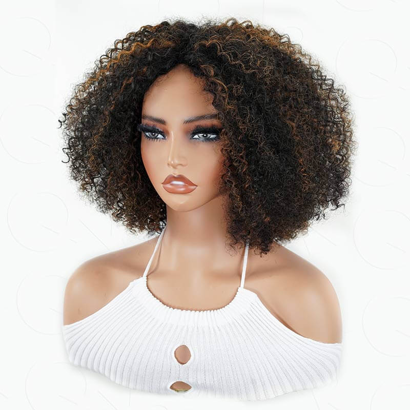 Flash Sale|QVR Black Natural Curly V Part Wig Highlight Human Hair Short Bob Wig - Image 4