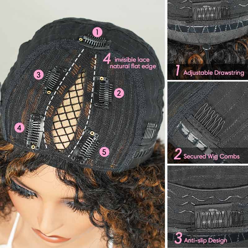 Flash Sale|QVR Black Natural Curly V Part Wig Highlight Human Hair Short Bob Wig - Image 7