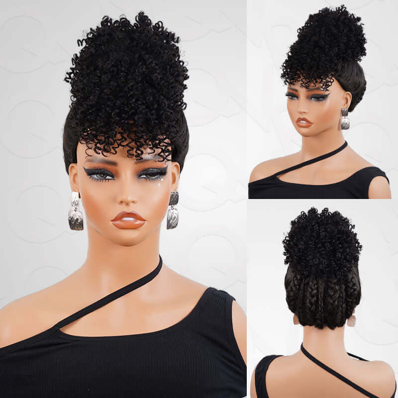 Flash Sale|QVR Drawstring Ponytail Extension With Bangs Short Curly Human Hair - Image 5