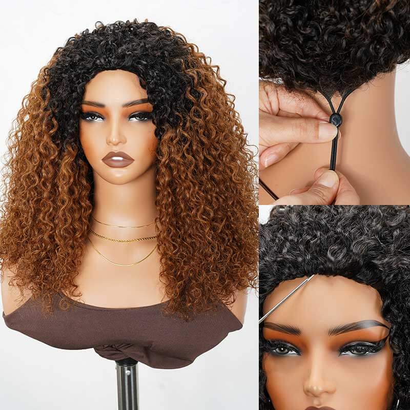 QVR Glueless Ombre Brown Twist Curly Half Wig with Black Roots 250% Density Human Hair Wig #T1B/30 Wear Go Flip Over Wig - Image 2