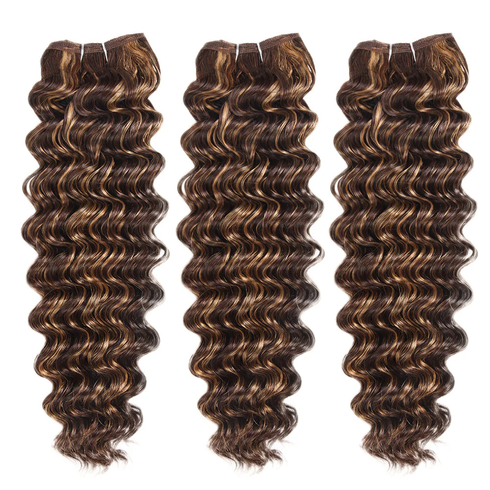 QVR Deep Wave Weave 3 Bundles with Closure Virgin Human Hair Highlights Weave and Closure Piano Brown Color - Image 3