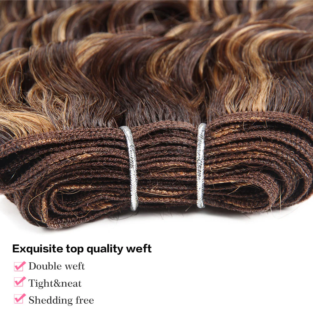 QVR Deep Wave Weave 3 Bundles with Closure Virgin Human Hair Highlights Weave and Closure Piano Brown Color - Image 6