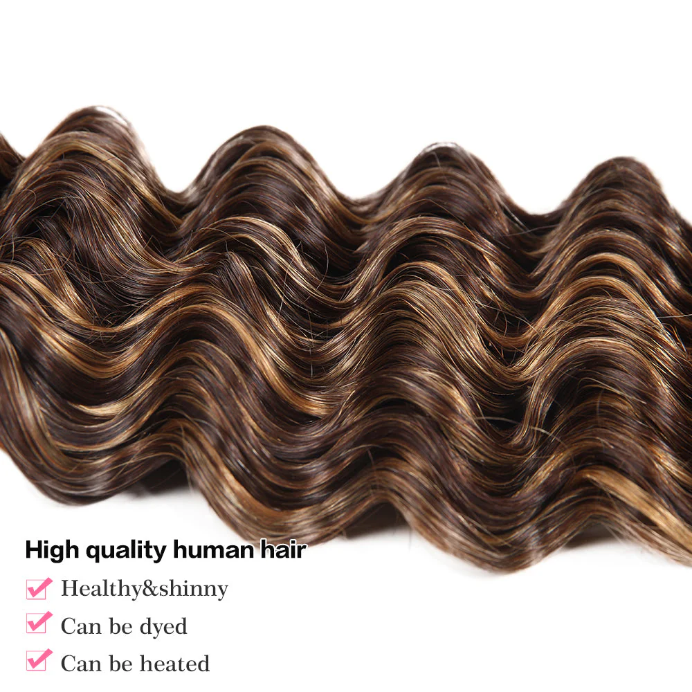 QVR Deep Wave Weave 3 Bundles with Closure Virgin Human Hair Highlights Weave and Closure Piano Brown Color - Image 7