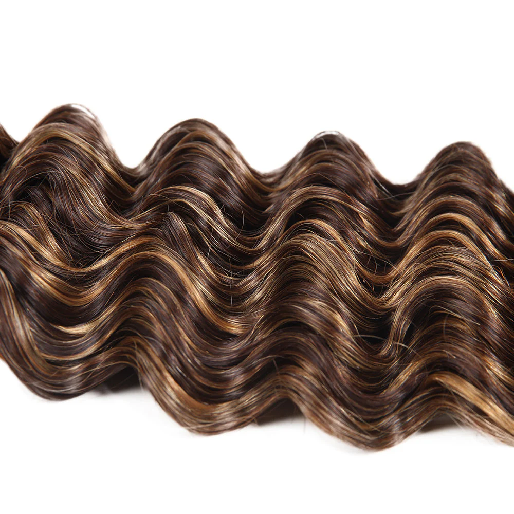 QVR Deep Wave Weave 3 Bundles with Closure Virgin Human Hair Highlights Weave and Closure Piano Brown Color - Image 9
