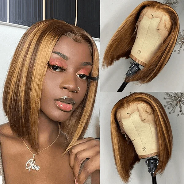 QVR Piano Highlights Color 13x4 4x4 Lace Closure Short Bob Wigs Honey Blonde Straight Human Hair Wig - Image 4