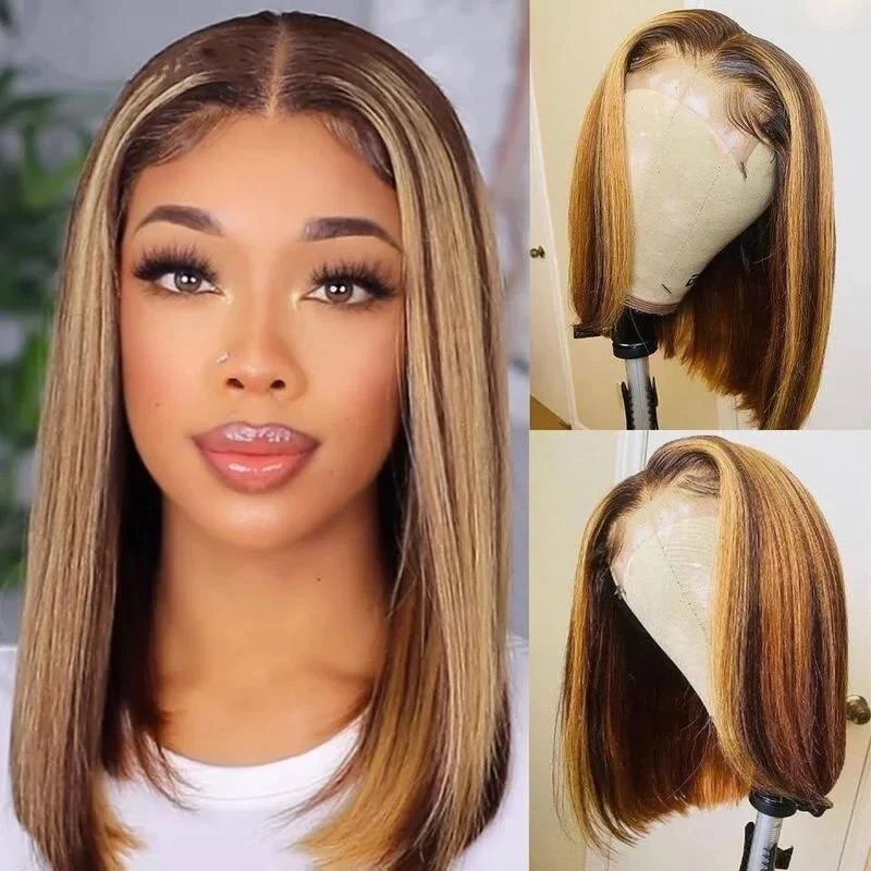 QVR Piano Highlights Color 13x4 4x4 Lace Closure Short Bob Wigs Honey Blonde Straight Human Hair Wig - Image 5