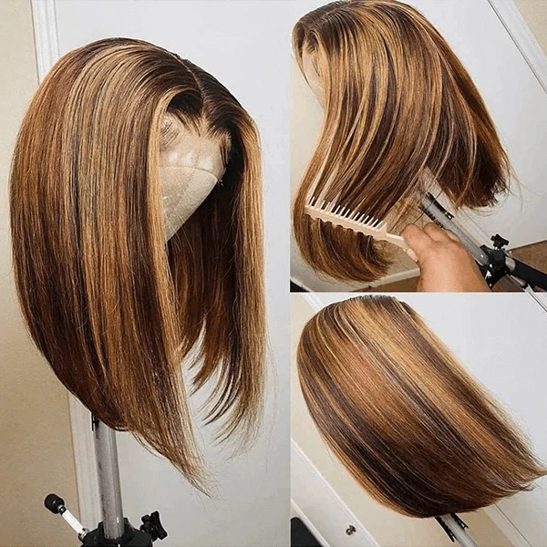 QVR Piano Highlights Color 13x4 4x4 Lace Closure Short Bob Wigs Honey Blonde Straight Human Hair Wig - Image 7