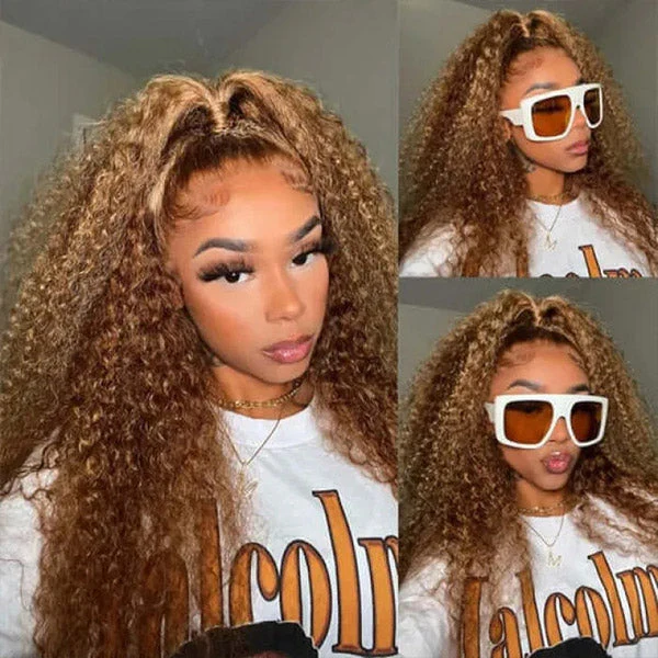 QVR Highlight Curly Wig Human Hair Wigs 13x4 Transparent Lace Front Wig Honey Blonde Color - Image 3